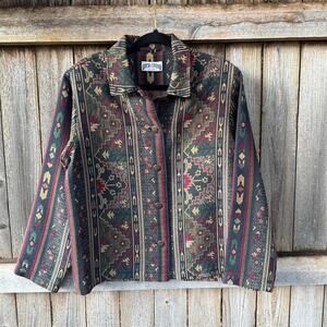 Vintage 90s Western Southwest Aztec Gotcha Covered Tapestry JACKET green maroon